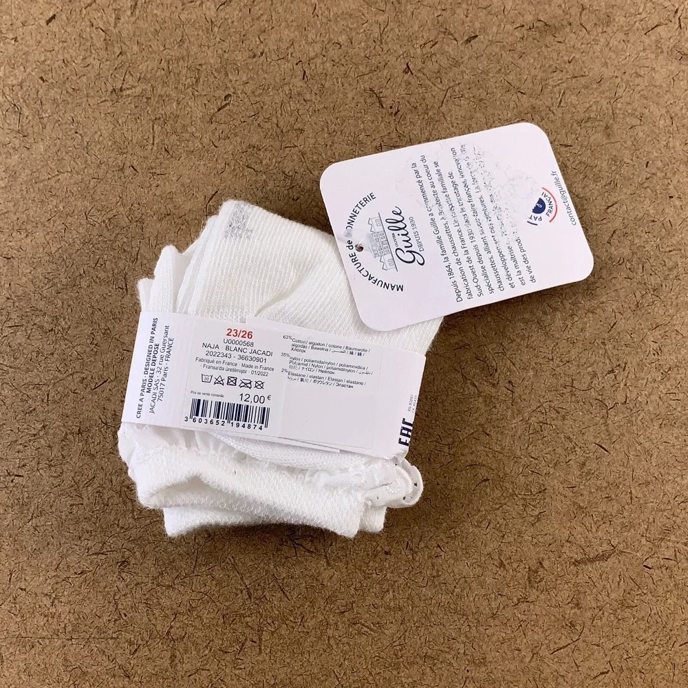 Jacadi Toddler Size 23/26 US 2/3 White Cotton Maison Guille Socks 1 Pair NWT